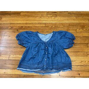 Old Navy Women's Blue Boho Denim Blouse Puff Cap Sleeve Size XL Button Front